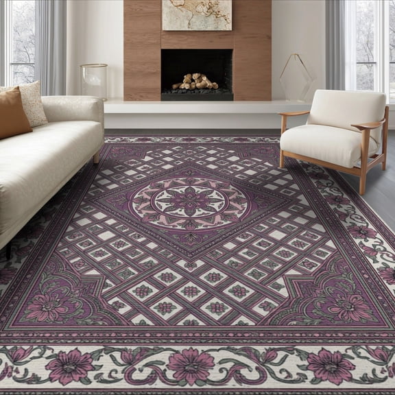ODIKA 8'x10' Washable Area Rug Non-Slip Chair-Friendly Mat Interlocking Geometric Floral Motif Symmetrical Boho Style Floor for Dining Room, Large Office, Lounge