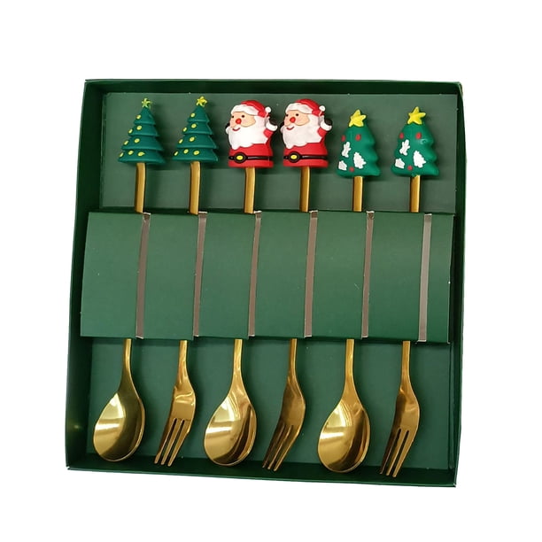 Juego de cucharas navideñas de acero inoxidable con tema de árbol, Papá Noel y estrella. Cucharas para remover café. Utensilios de cocina festivos con caja de regalo