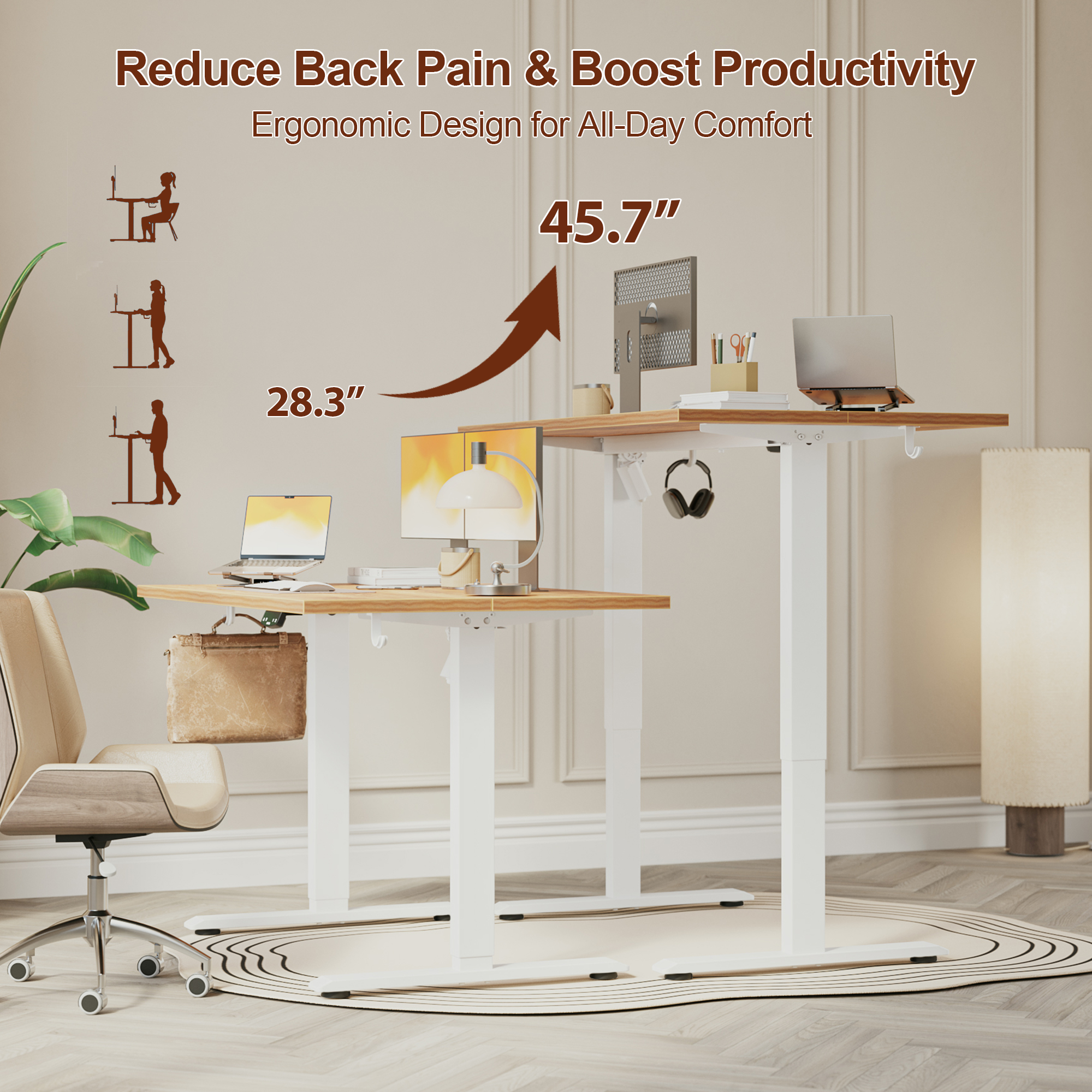 62.9 Inch Electric Height Adjustable Standing Desk, Ergonomic Home Office Desk with Memory Preset, Sit to Stand Computer Desk with Hooks, Light Rustic Brown