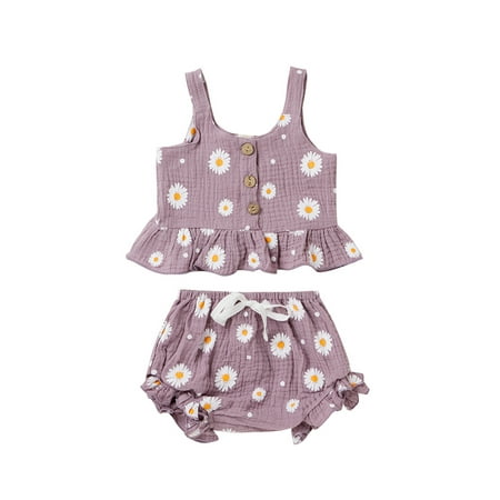 

EYIIYE Girl Summer Daisy Printed Sleeveless Ruffled Hem Tops and Triangle Shorts 6 Months-5 Years