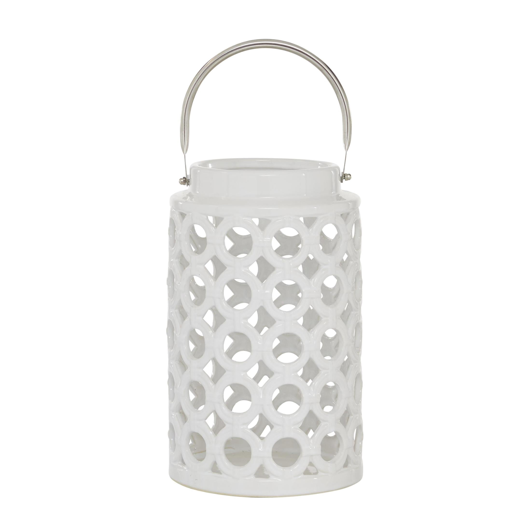 DecMode White Ceramic Circles Decorative Candle Lantern with Cut Out Design
