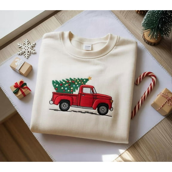 Red Truck Christmas Embroidered Sweatshirt | Vintage Christmas Tree Sweatshirt | Holiday Cozy Crewneck Gift for Her & Him