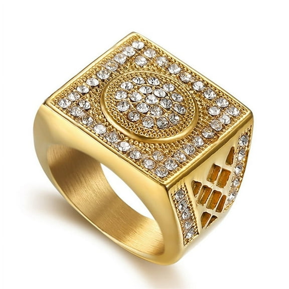Hip Hop Men's Iced Out CZ Geometric Square Ring 14K Yellow Gold Cool Party Male Rings Bling Jewlery