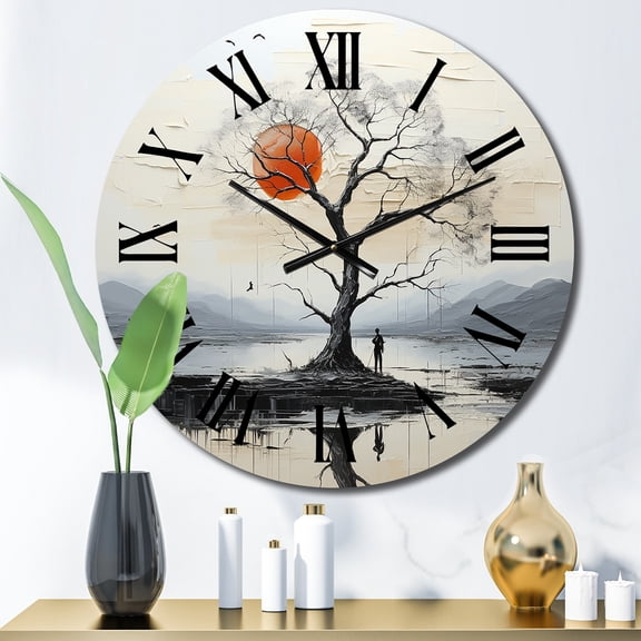 Designart "Grey Red Minimalism Tree silence III" Minimalism Oversized Wall Clock