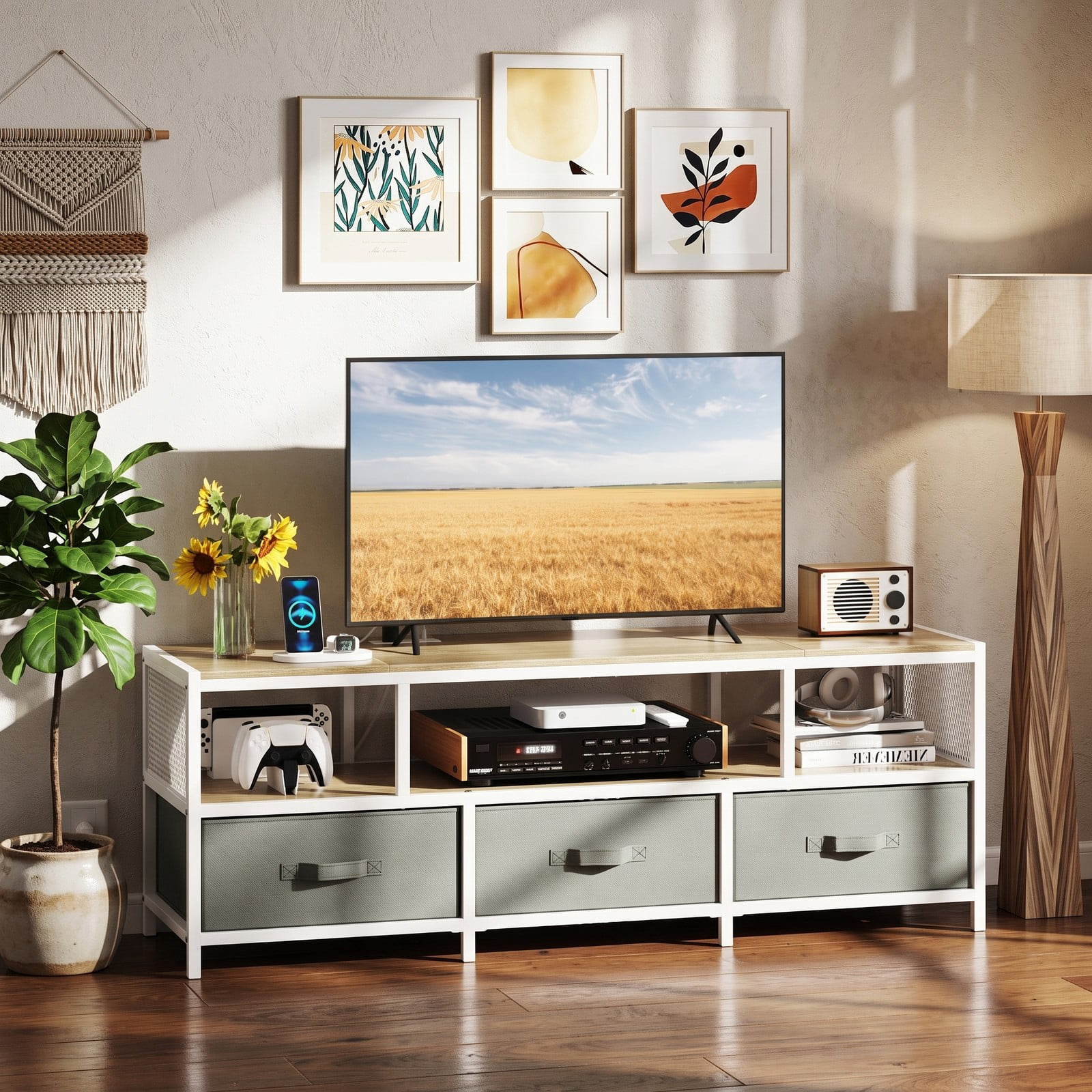 Furnibear TV Stand for TVs up to 65 Inches, Entertainment Center with Power Outlets USB Type-C Charging Station, 3-Tier Media Console with 3 Fabric Drawers, Natural