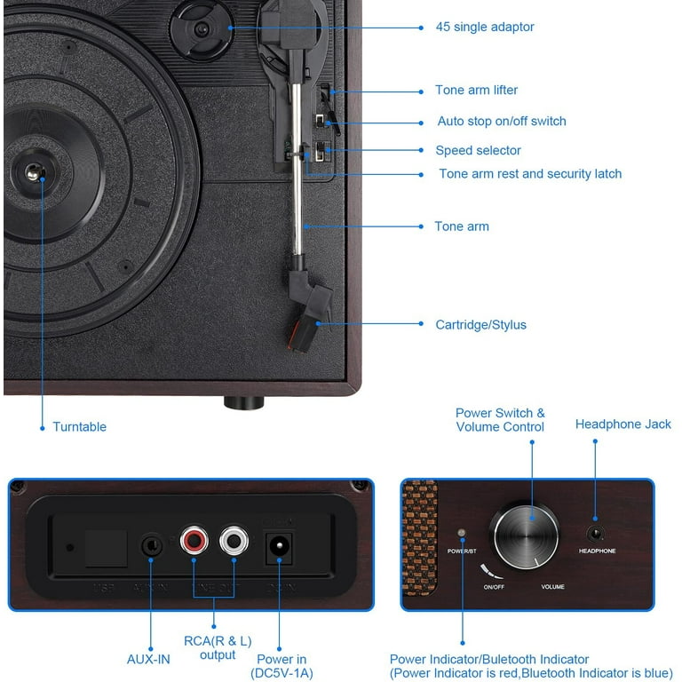 Vinyl Record Player Turntable with Built-in Bluetooth Receiver & 2 Stereo  Speakers, 3 Speed 3 Size Portable Retro Record Player for Entertainment and