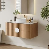 36" Floating Bathroom Vanity with Sink, Modern Wall Mounted Vanity Bathroom Storage Cabinet with Fluted Drawers, White Sintered Stone Top Ceramic Basin, Light Wood