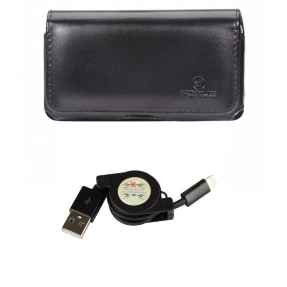 Leather Case Belt Clip w Retractable USB Cable for iPhone XS Max - Swivel Holster Loops Cover Pouch and Charger Power Cord Sync Wire