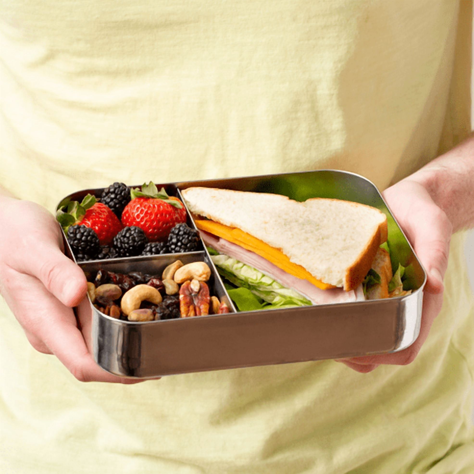 LunchBots Large Trio Stainless Steel Lunch Container -Three Section Design for Sandwich and Two Sides - Metal Bento Lunch Box - Eco-Friendly - Stainless Lid - Stainless Steel
