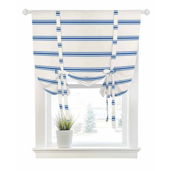Navy Blue Striped Tie Up Curtains for Window, Thermal Insulated Balloon Shade Adjustable Rod Pocket Curtains Valance Panels for Kitchen Bathroom Cafe 42 x 54 Rustic Blue Stripe Modern Art Beige