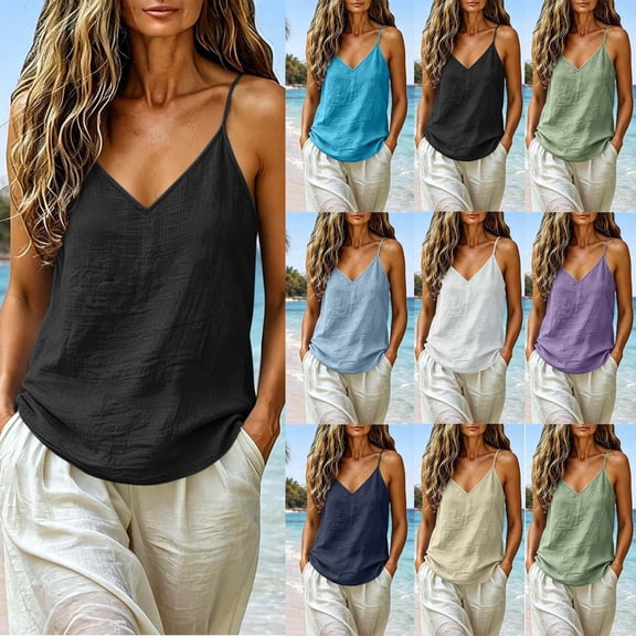Favoffer Women's V Neck Tank Tops Sleeveless Linen Cotton Casual Camisole Tops Basic Everyday Tops for Casual Weekend