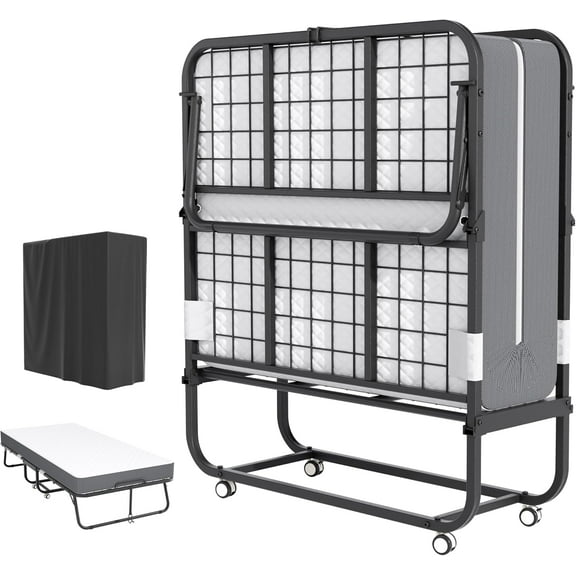 Superday Folding Bed with Mattress, 75" x 38" Folded Bed, Roll Away Beds with 5" Memory Foam Mattresses for Adults, Foldable Twin Beds for Guest Room, Small Apartment, Space-Saving Sturdy Metal Frame