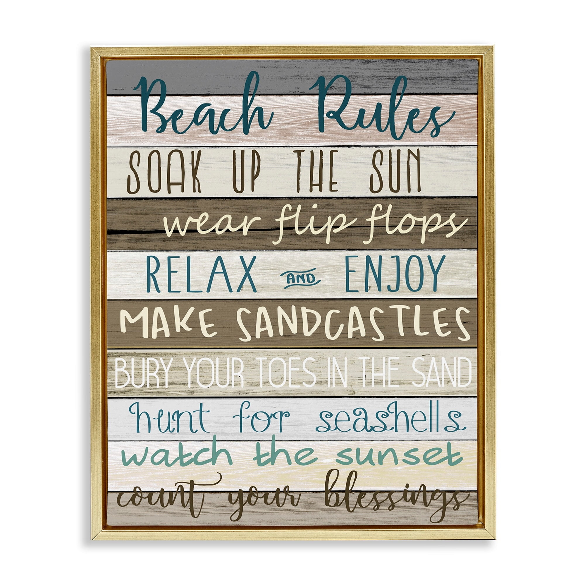 Stupell Industries Nautical Fun Beach Rules List Rustic Boardwalk Sign Metallic Gold Framed Floating Canvas Wall Art, 24x30, by Kim Allen