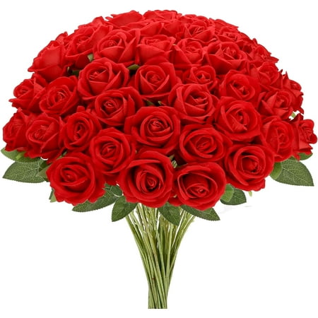 24 Pcs Red Roses Artificial Velvet Flowers with Long Stems, Realistic Real Touch Fake Roses for Home Wedding Bouquet Arrangements Party Decoration