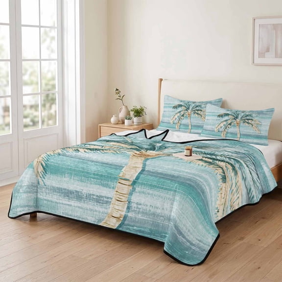 king Quilt Bedding Set, Watercolor Palm Tree Beach Theme Lightweight Coverlet Summer Comforter Set Soft Microfiber Bedspread, Tropical Plant Teal 3 Piece Quilt Set with 2 Pillow Shams All Seasons Use