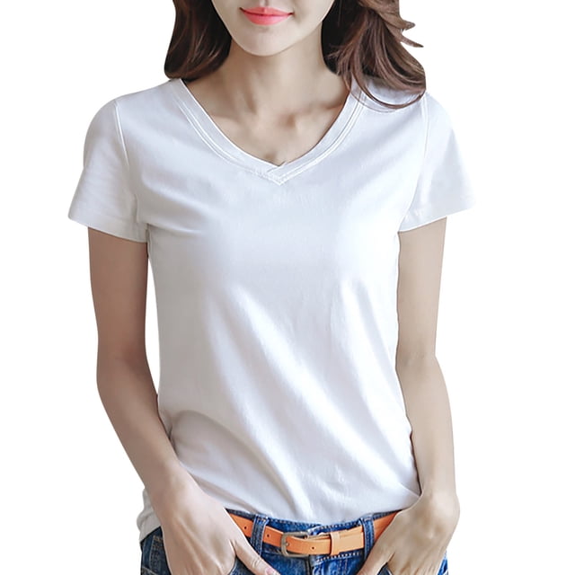 Moxiu T-Shirts à Manches Courtes Col en V pour Femmes, Tunique Basique d'Été Décontractée et Douce, Blanc, TTG