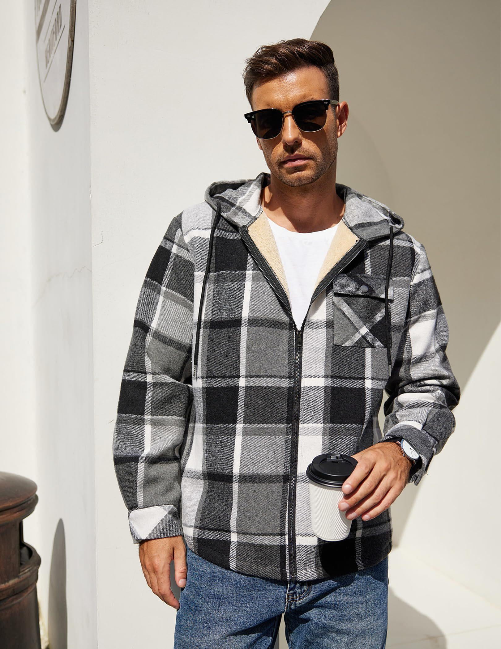 COOFANDY Men's Flannel Hooded Shirt Jacket Plaid Hoodie Zipper Sherpa Lined Winter Thermal Flannel