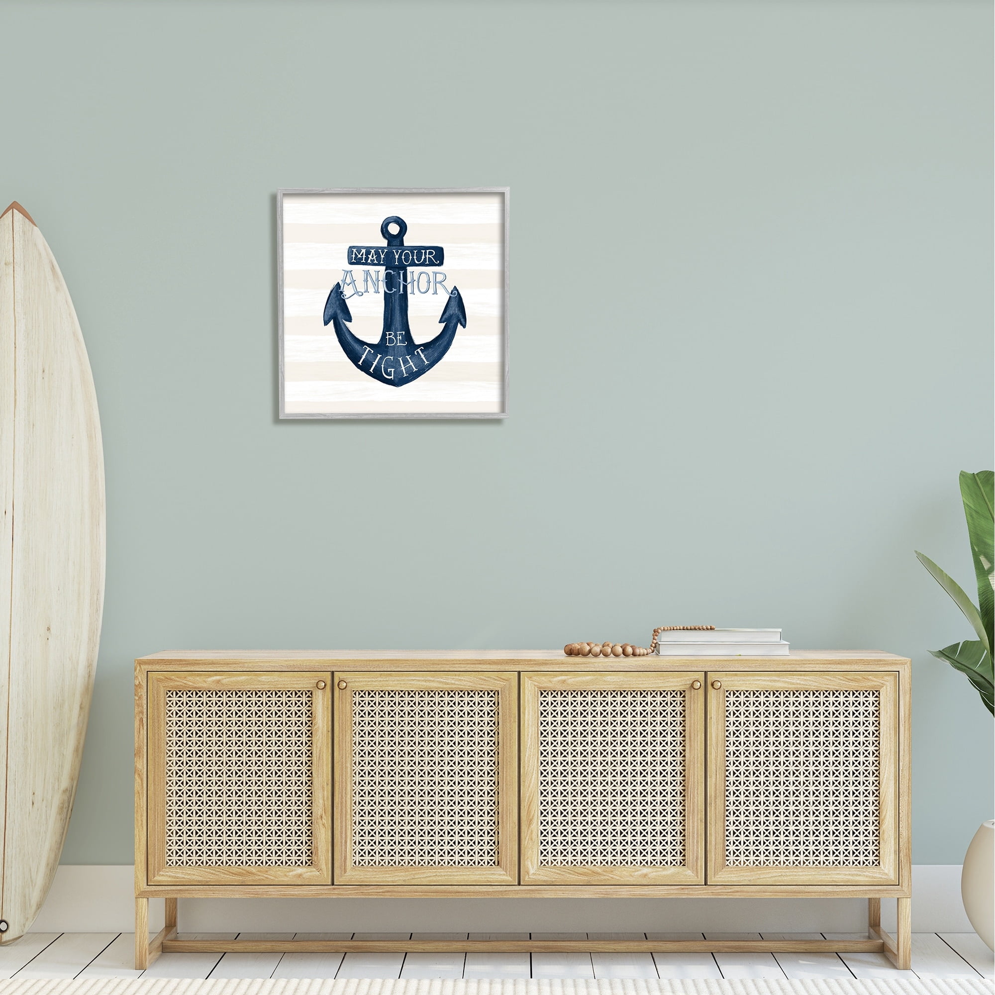 Stupell Industries Striped Anchor Phrase Nautical Beach Illustration Graphic Art Gray Framed Art Print Wall Art, Design by Raquel Maciel