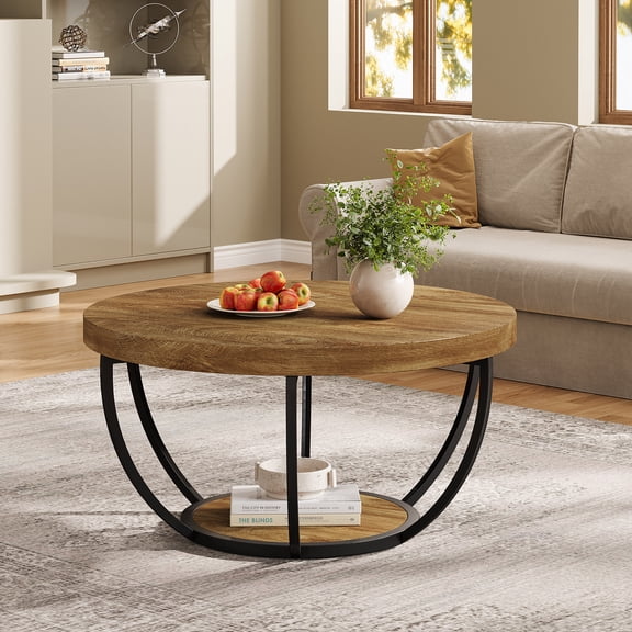 Finmind Farmhouse  Round Coffee Table, 32 inches Circle Table, Modern 2-Tier Wood Accent Center Table with Storage Open Shelves, Wood Color