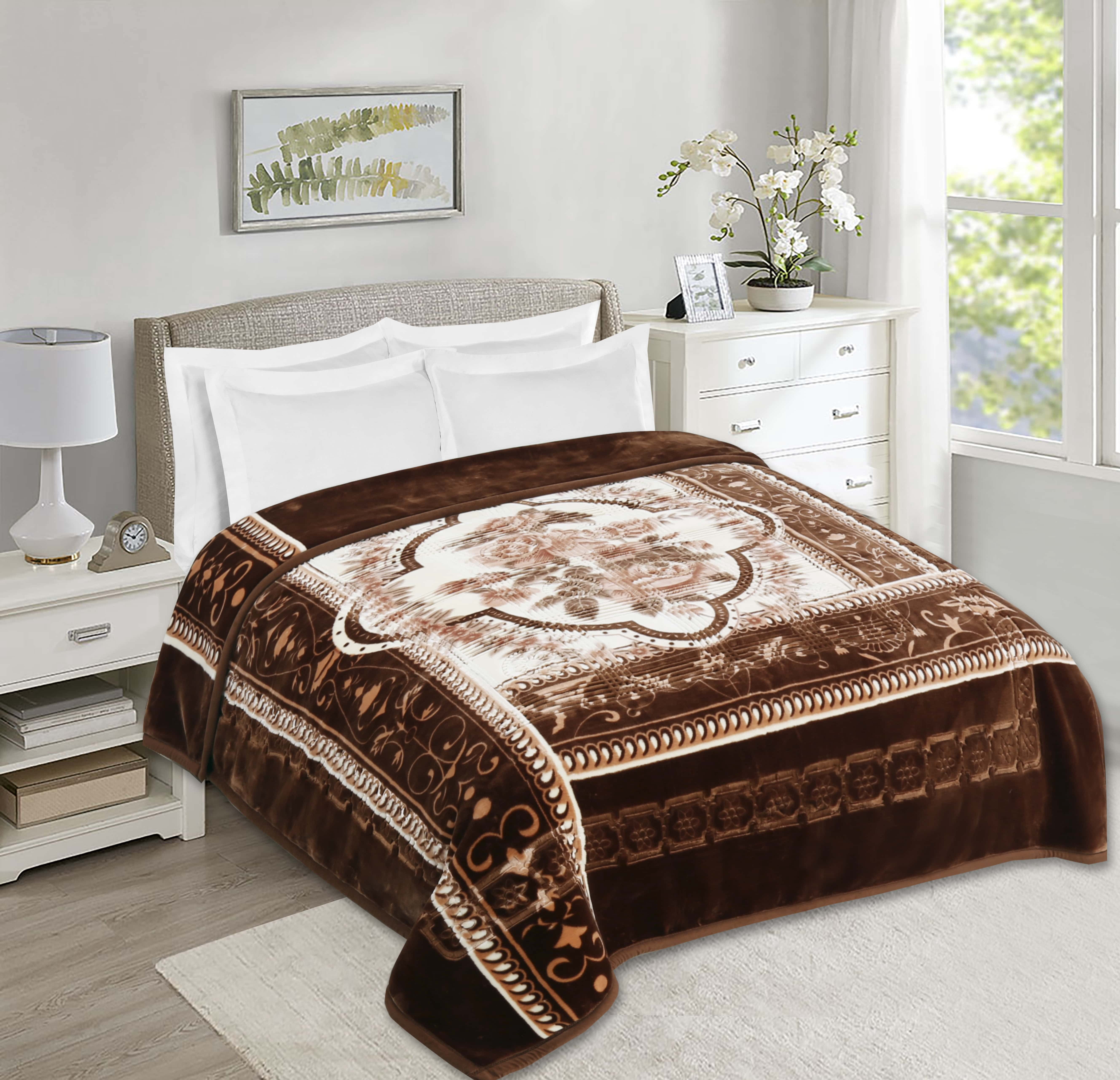 Lammaloe Queen Size Korean Mink Fleece Blanket for Winter, 9 lbs, 79" x 94", Heavy 2-Ply Warm Heavyweight Raschel Bed Blankets, Reversible Printed, Brown