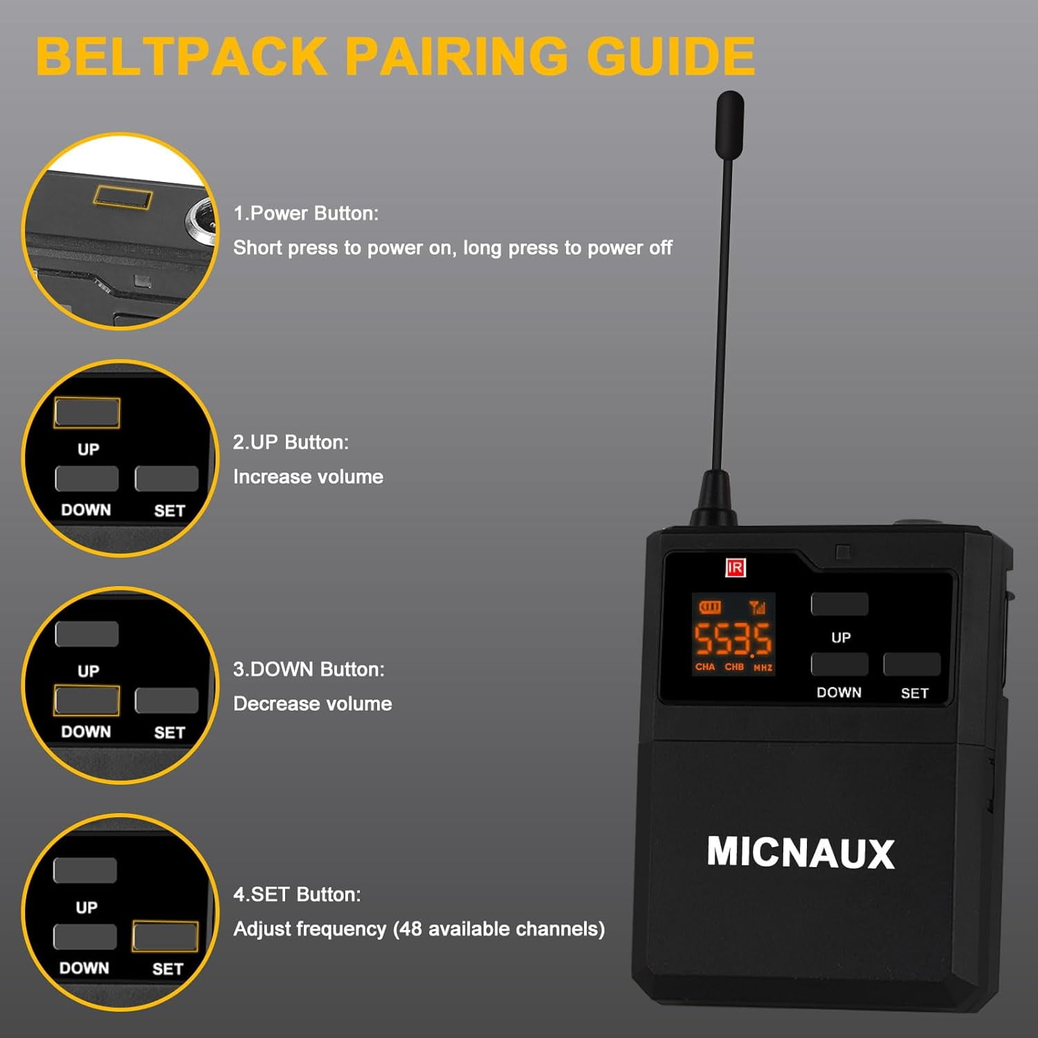 Wireless Lapel Microphone System with Headset & Lavalier Mics, UHF Bodypack Transmitters, Mini Rechargeable Receiver, 48 Channels in 500MHz, 260ft Range, Plug & Play for Wedding Speech Church