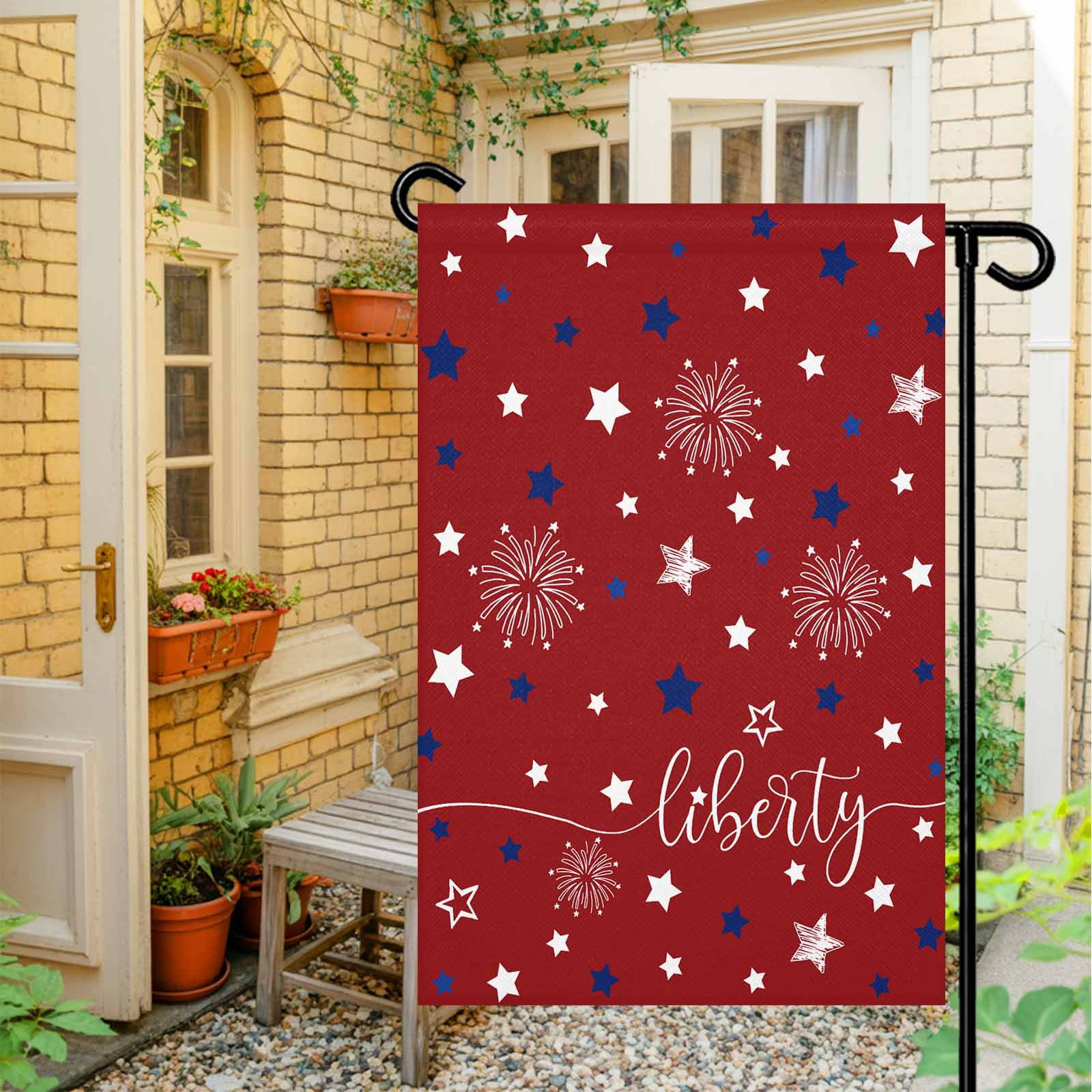 4th of July Garden Flags Patriotic Star Red White Blue Garden Flag Double Sided Welcome Flag Firework Liberty Independence Day Yard Flags for Outdoor Lawn Porch Memorial Day Holiday Decor 28x40 Inch