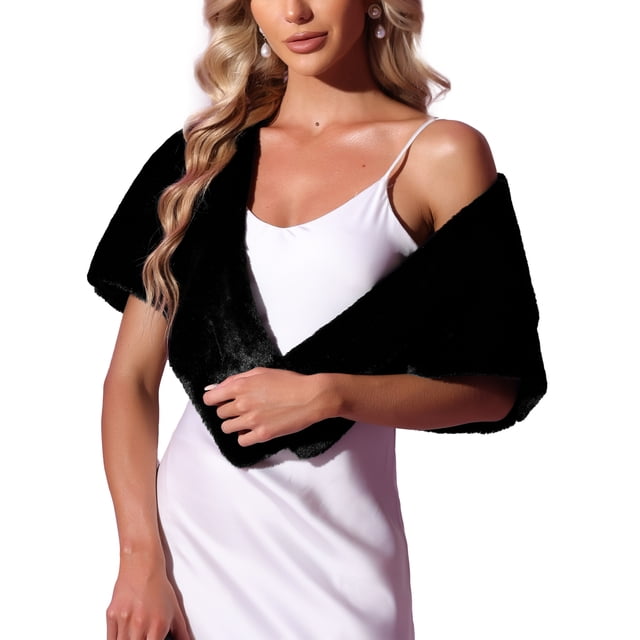 INSPIRE CHIC Women's Faux Fur Shawl Stole Winter 1920s Bridal Wedding Wrap M Black
