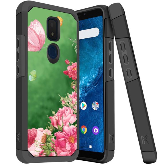 ANJ  Slim Dual Layer Hybrid Shockproof Case   Tempered Glass Cover for Cricket Icon 3, Splendor, AT&T Motivate 2 - Pink Roses Garden