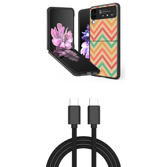 Bemz Premium Bundle for Samsung Galaxy Z Flip 3 5G: Slim Snap-On Protector Case (Coral Chevron), PD Power Delivery USB-C to USB-C Cable (3 Feet)