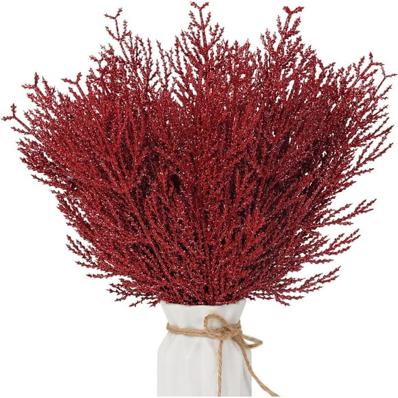 shiyou-Greenery Branches Glittery Cedar Stems Artificial Pine Needles Plastic Fake Leaves Plants 20 Pcs DIY Garland for Her Outdoor Garden Valentines Decorations (Red)