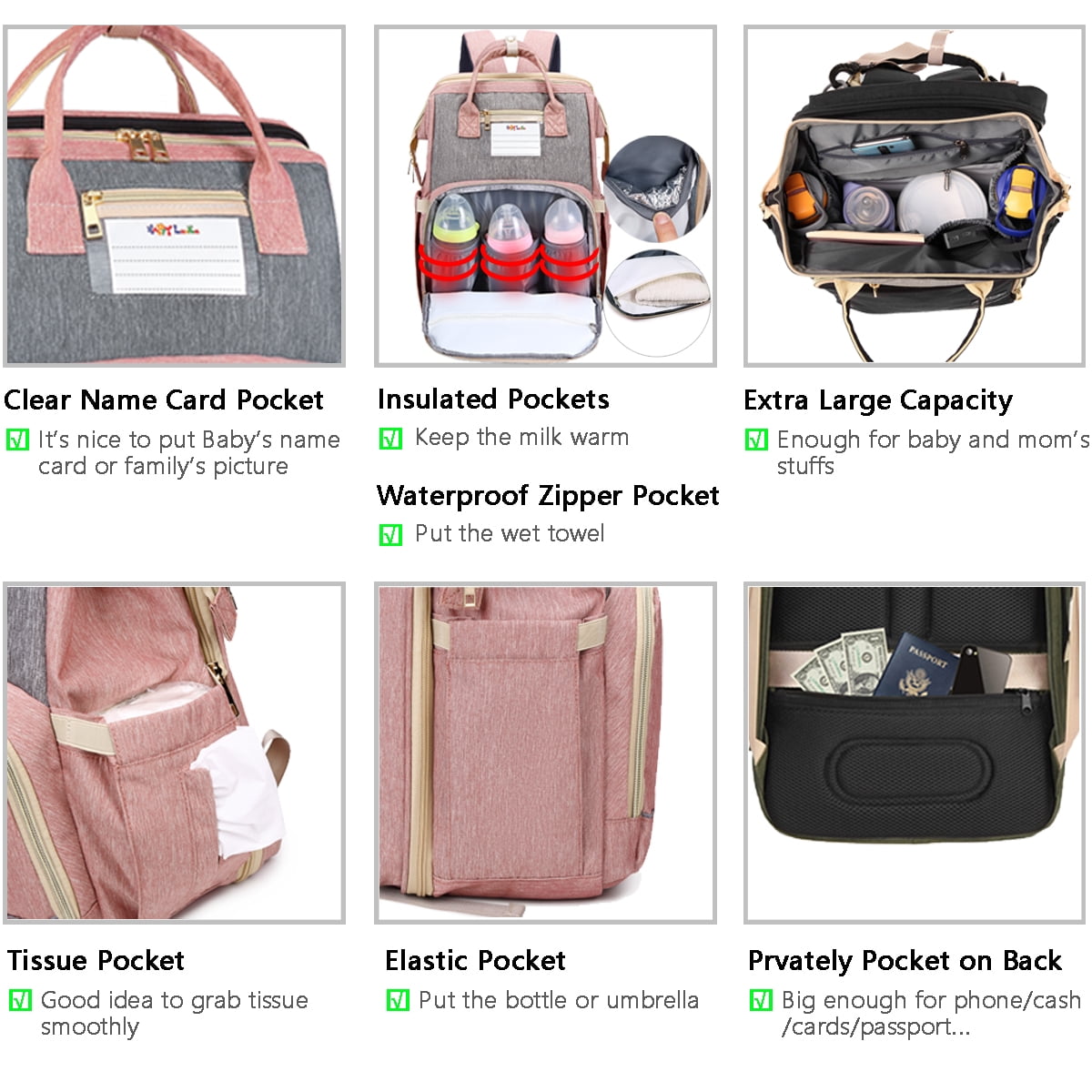HAPPYLUOKA 3 in 1 Diaper Backpack with Changing Station, Baby Boy Diaper Bags, Baby Girl Nappy Bag, Mauve