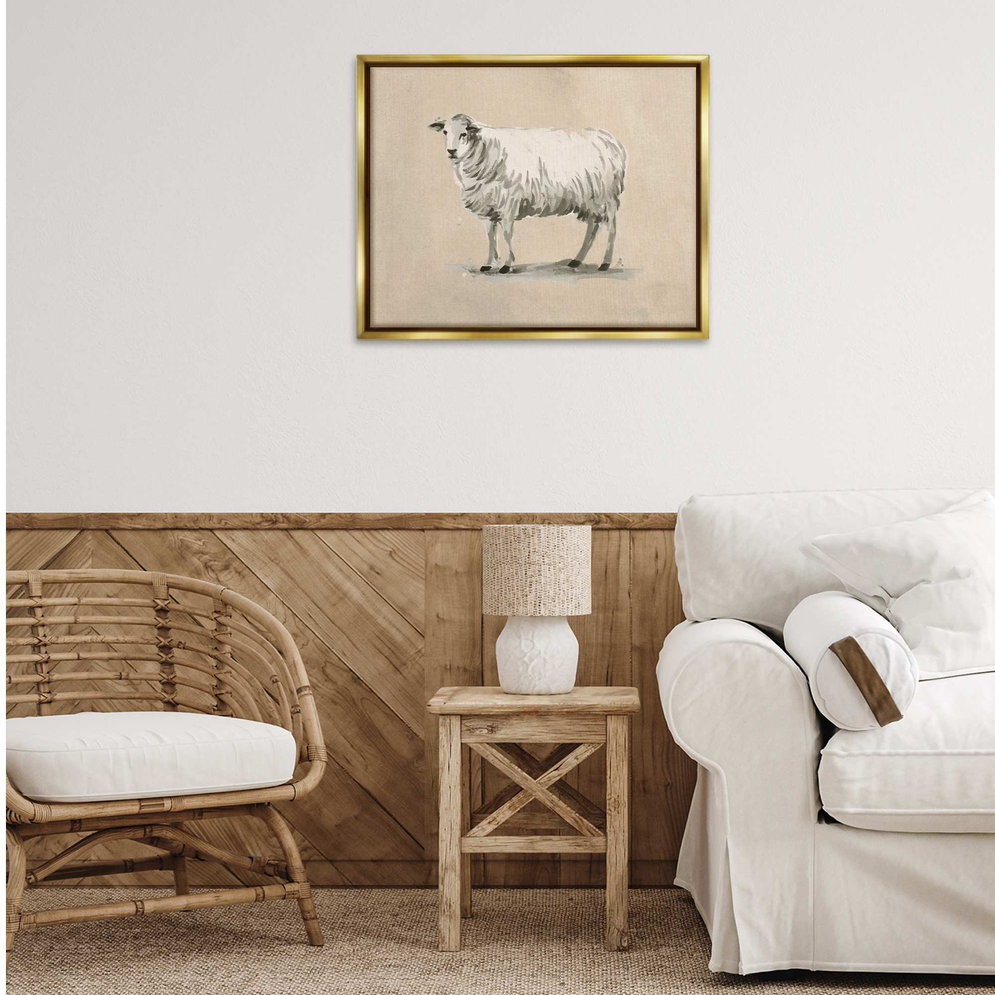 Stupell Industries Traditional Minimal Sheep Animals & Insects Painting Gold Floater Framed Canvas Art Print Wall Art, 31 x 25