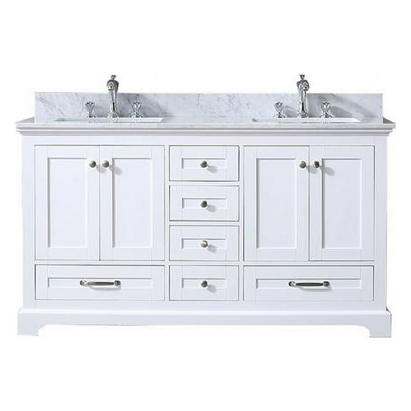Lexora  60 in. Dukes Double Vanity with White Carrera Marble Top, White Square Sinks & No Mirror - White