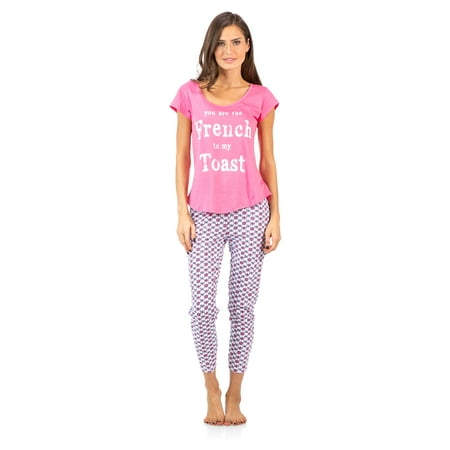 2 Piece Capri Pullover - Casual Nights Women's Short Sleeve Printed Capri Pajama Set