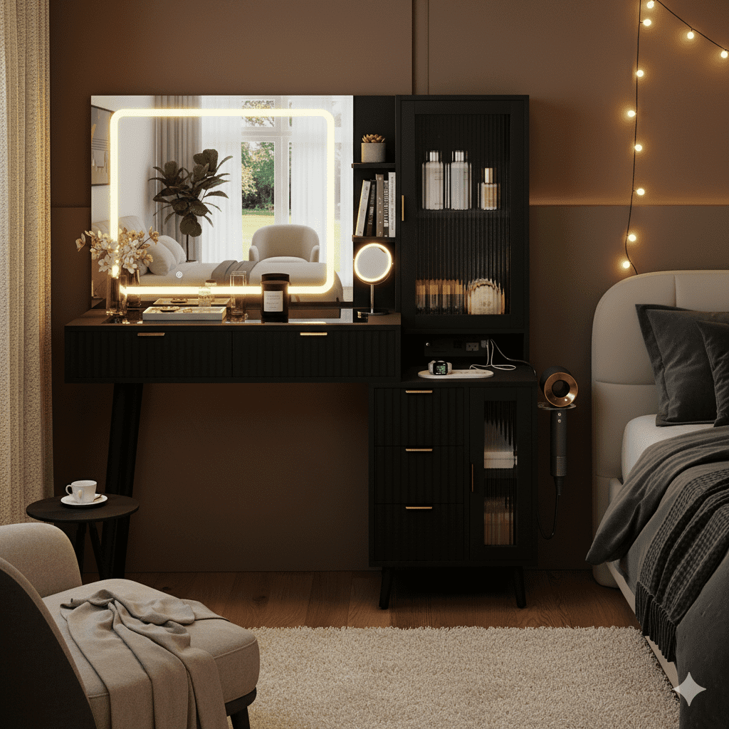 Danpinera Home 49" Glass Top Vanity Desk with LED Mirror and Charging Station, Black
