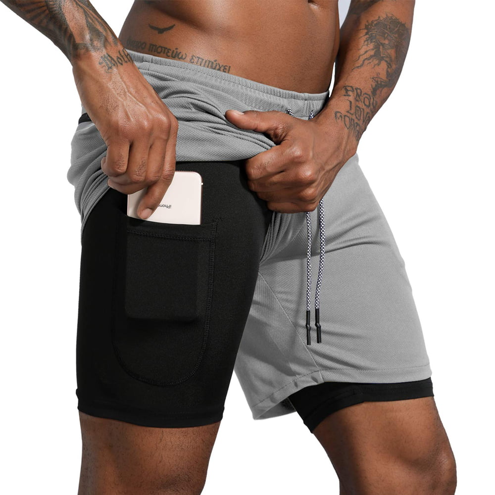 RIOJOY Mens 2-in-1 Bodybuilding Workout Shorts Lightweight Gym Training Shorts Running Athletic Shorts with Zipper Pockets 