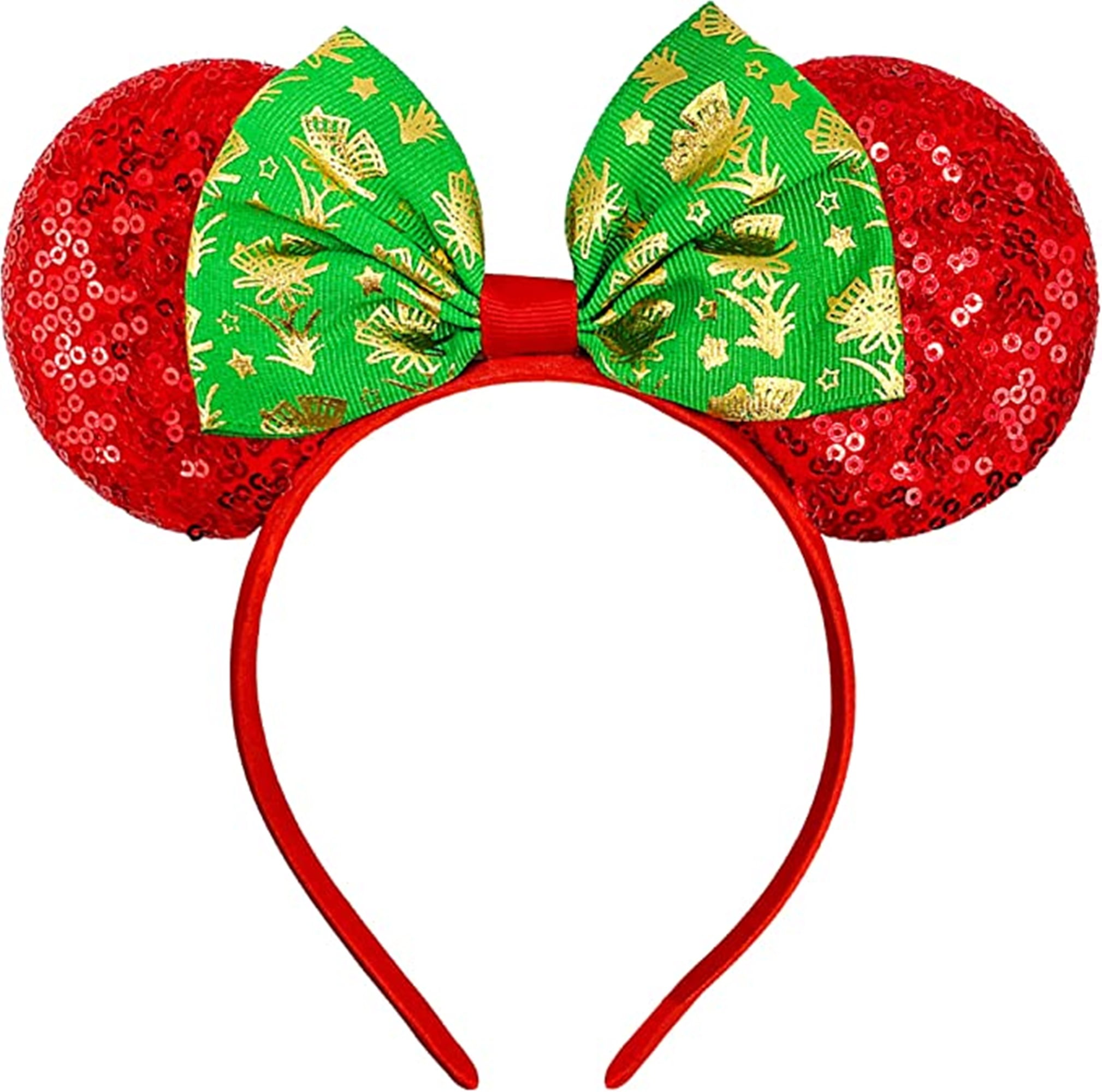 Needzo Red and White Striped Christmas Mouse Ear Headband with Green Bow, Sequin Festive Holiday Hair Accessory for Women or Girls, One Size Fits Most