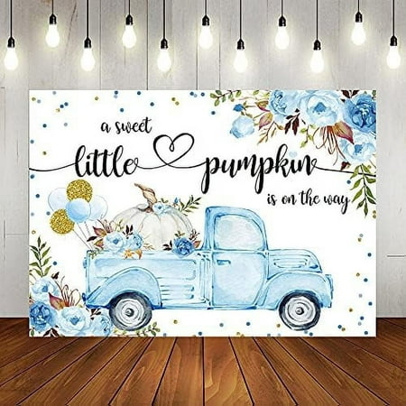 Image of Fall Autumn Pumpkin Baby Shower Party Backdrop for Boy Halloween a Sweet Little Pumpkin is On The Way Background Blue Floral Truck Newborn Baby It s a Boy Party Decor 5x3ft