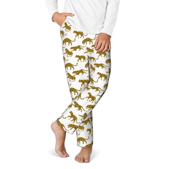 Gukieu Leopard Print Print Youth Home Trousers, Elastic Waistband with Pockets for Home and Outing, Suitable for Children Aged 5-16-XS(5-6)