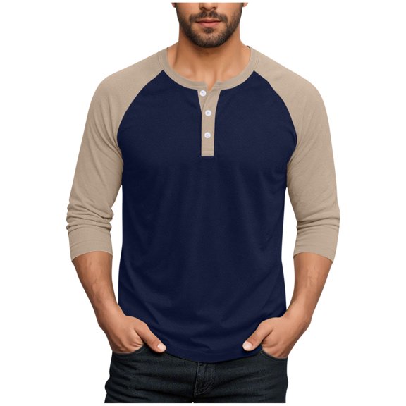 fatyb Casual Shirts for Men Button Crew Neck Color Block T-Shirts Long Sleeve Mens Lightweight Tee Tops