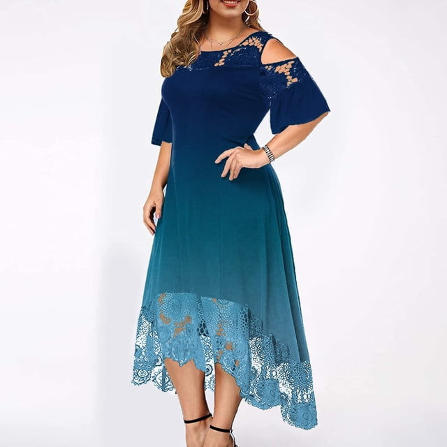 ICHUANYI Clearance Women's Fashion Casual Printing Plus Size Round-Neck Sexy Lace Short Sleeve Loose Pullover Dress(Blue, XL) ICHUANYI WER2023080700975
