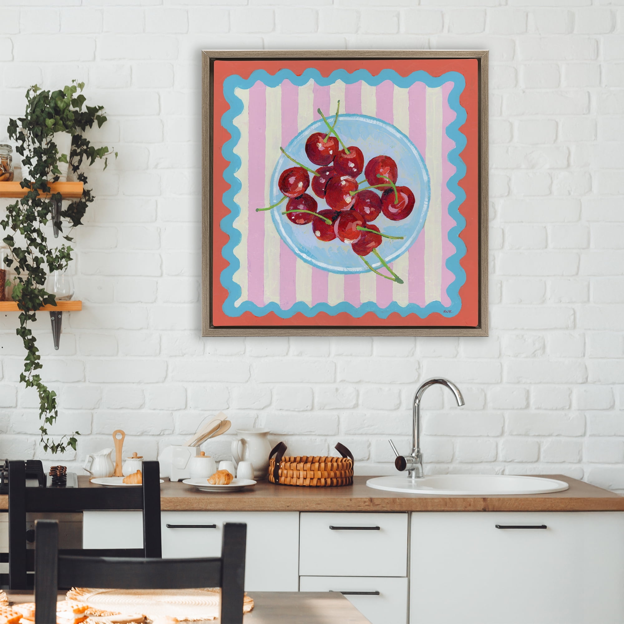 Stupell Industries Red Cherries over Pink Stripes Brown Framed Floater Canvas Wall Art, design by Rachael Reese