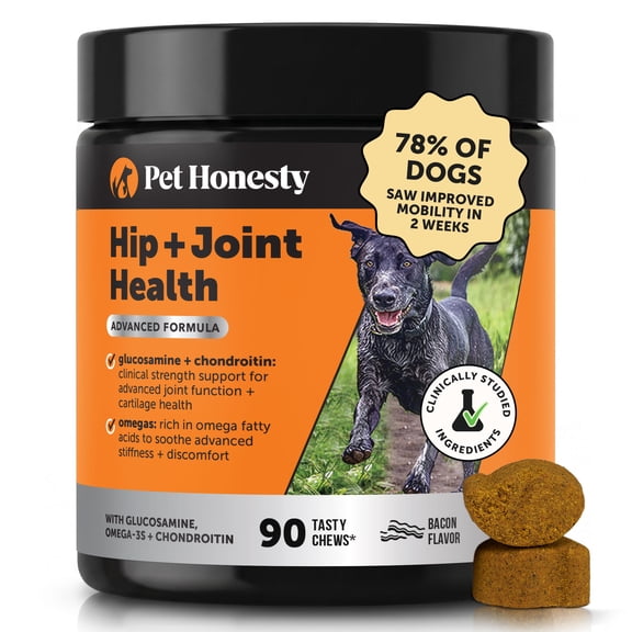 Pet Honesty Hip Joint Health Max-Strength Hickory Bacon Flavor Glucosamine Supplement for Dogs, 90 count