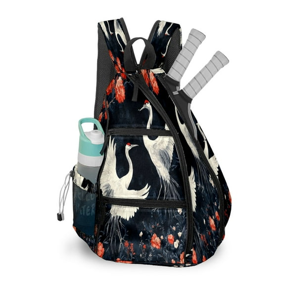 Pickleball Shoulder Bag for Men and Women - Fence Hook - Crossbody Backpack with Water Bottle Holder White Crane
