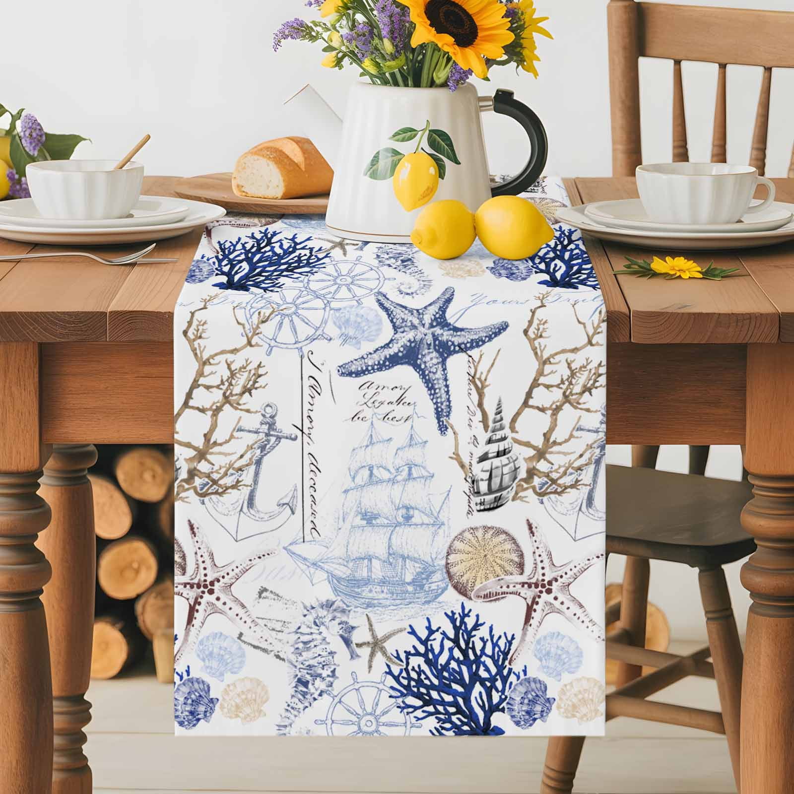 Ocean Starfish Blue Coral Table Runner 90 Inches Long, Nautical Anchor Vintage Boat Table Runners Tabletop Scarf Kitchen Dining Tables Decoration for Home Party Indoor Outdoor