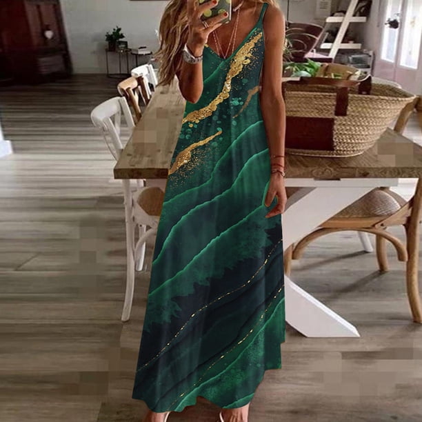 Puntoco Vestidos Mujer Verano Moda Mujer Verano Casual Estampado V-Cuello Camis Sin Mangas Chaleco Vestido Largo