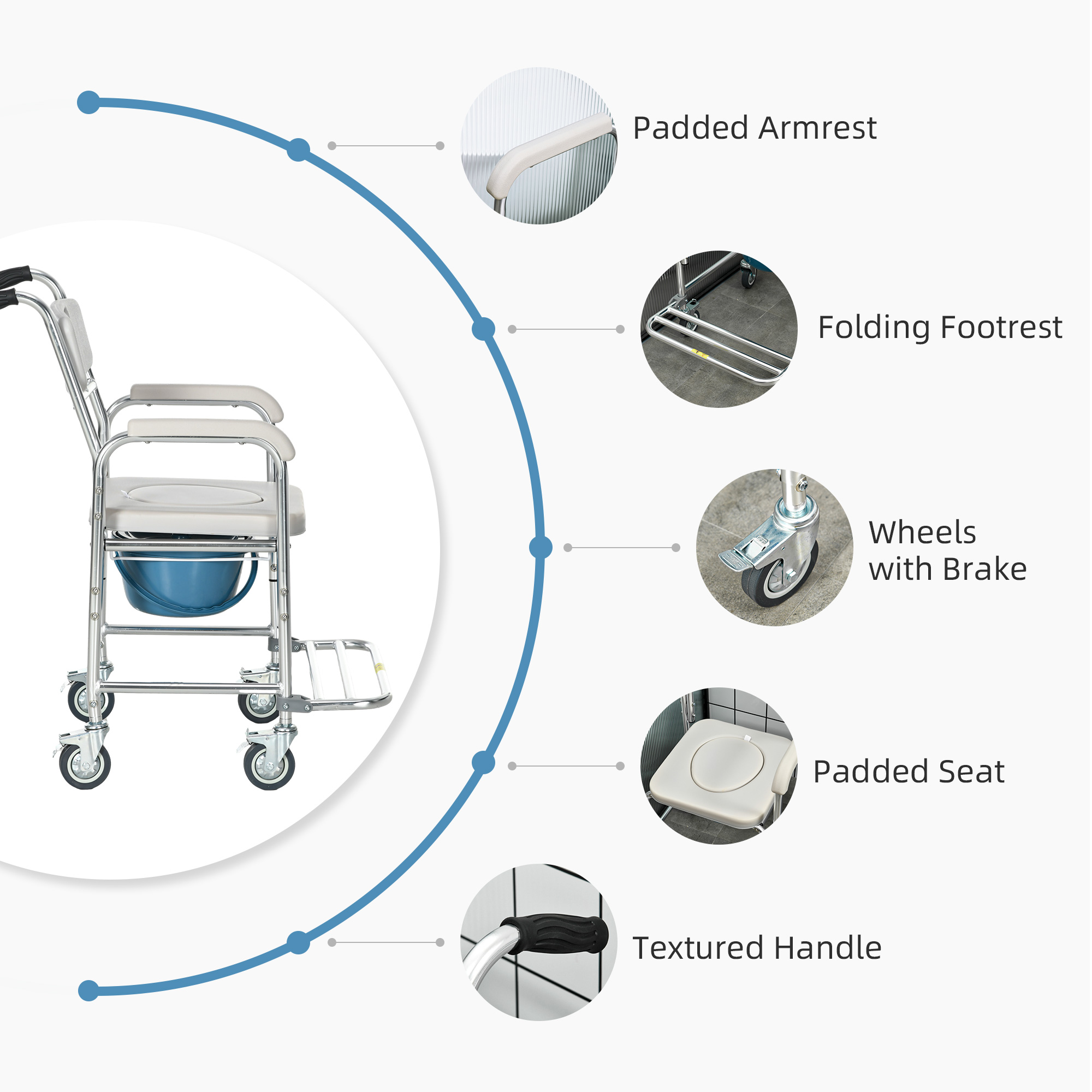 HOMCOM Shower Commode Wheelchair, Padded Seat, 330 lbs., Gray
