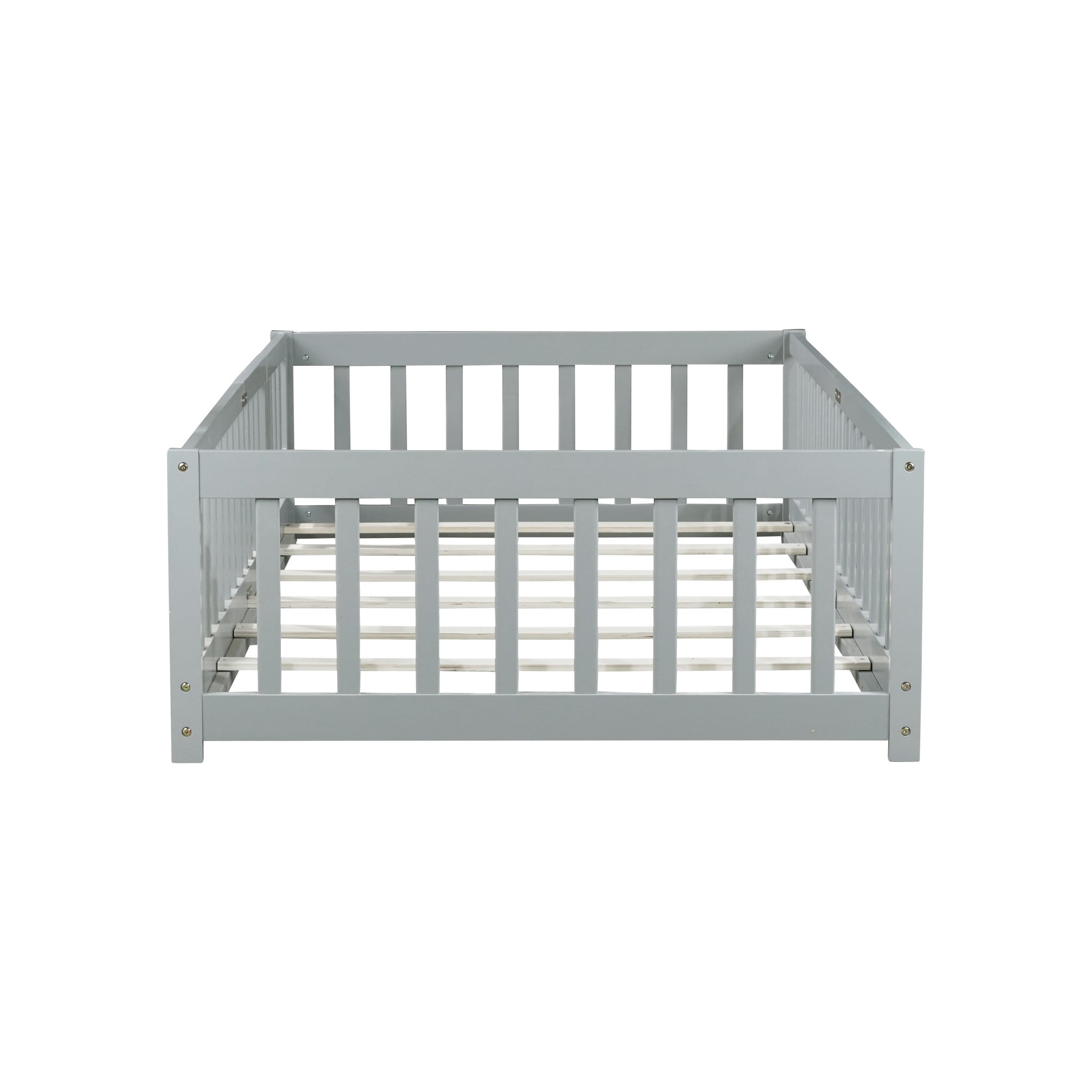 Noble House Twin Floor Bed with Safety Guardrails and Door, Rubber Wood Montessori Bed, Kid's Room, Gray