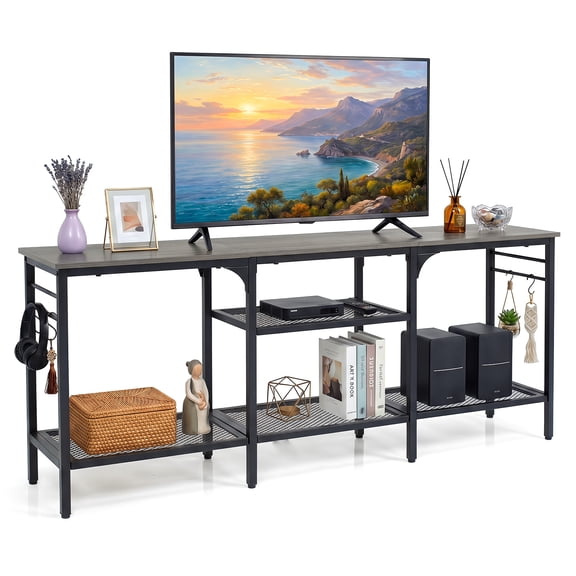 Patiojoy TV Stand for TVs up to 65 Inch 3-Tier Entertainment Center with Open Storage Shelves Media TV Console Table with 4 Hooks Oak