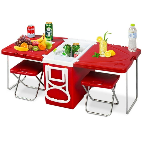 Multi Function Rolling Cooler Picnic Camping Outdoor w/ Table & 2 Chairs Red